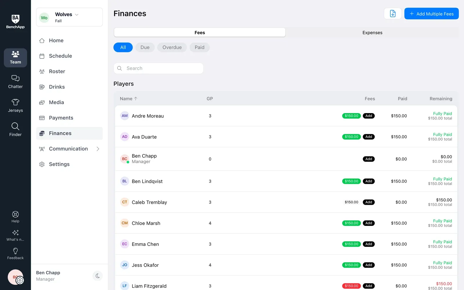BenchApp on a computer: the Finances page with each player's fee, what they've paid and what's left