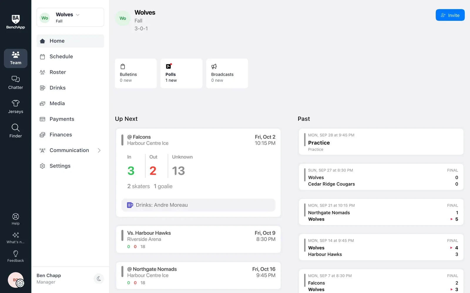 BenchApp on a computer: the team Home page with the next game and who's in, out and yet to reply