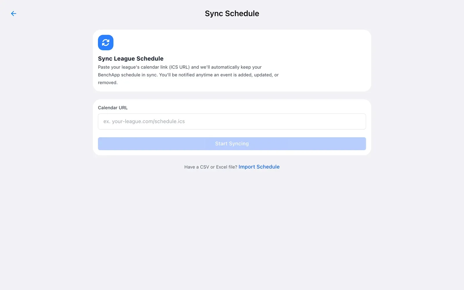 BenchApp on a computer: Sync League Schedule with a field for the league's calendar link
