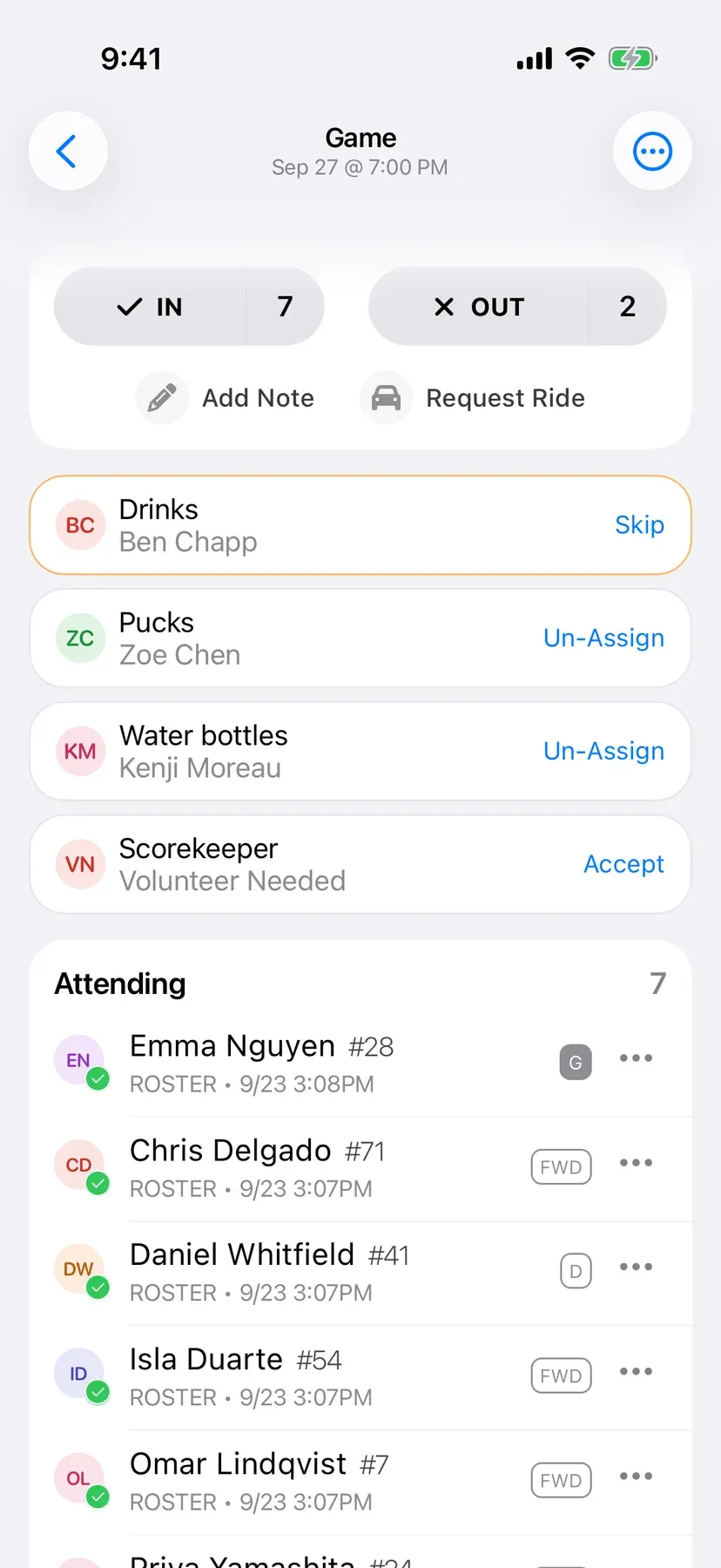 BenchApp duties screen with team jobs assigned to players