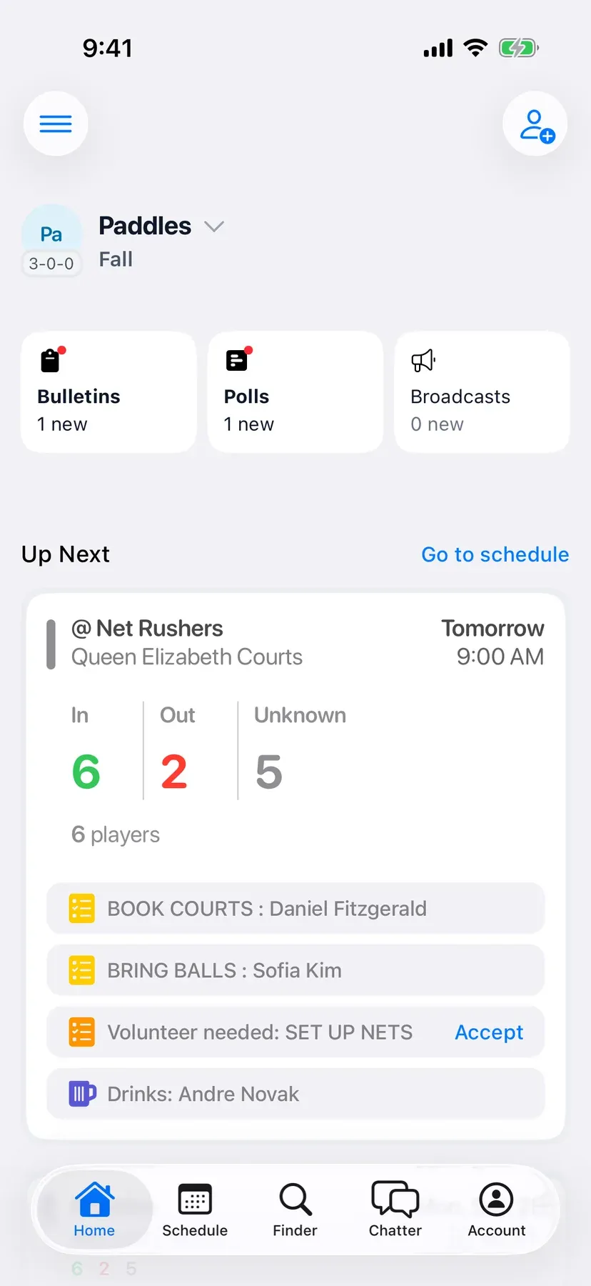 BenchApp team home screen with the next game and who's coming