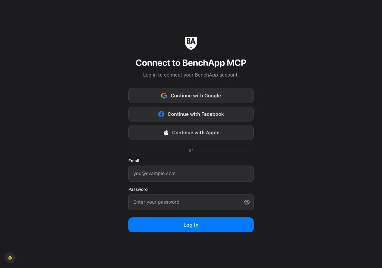 The Connect to BenchApp MCP login screen, with Google, Facebook, Apple and email sign-in
