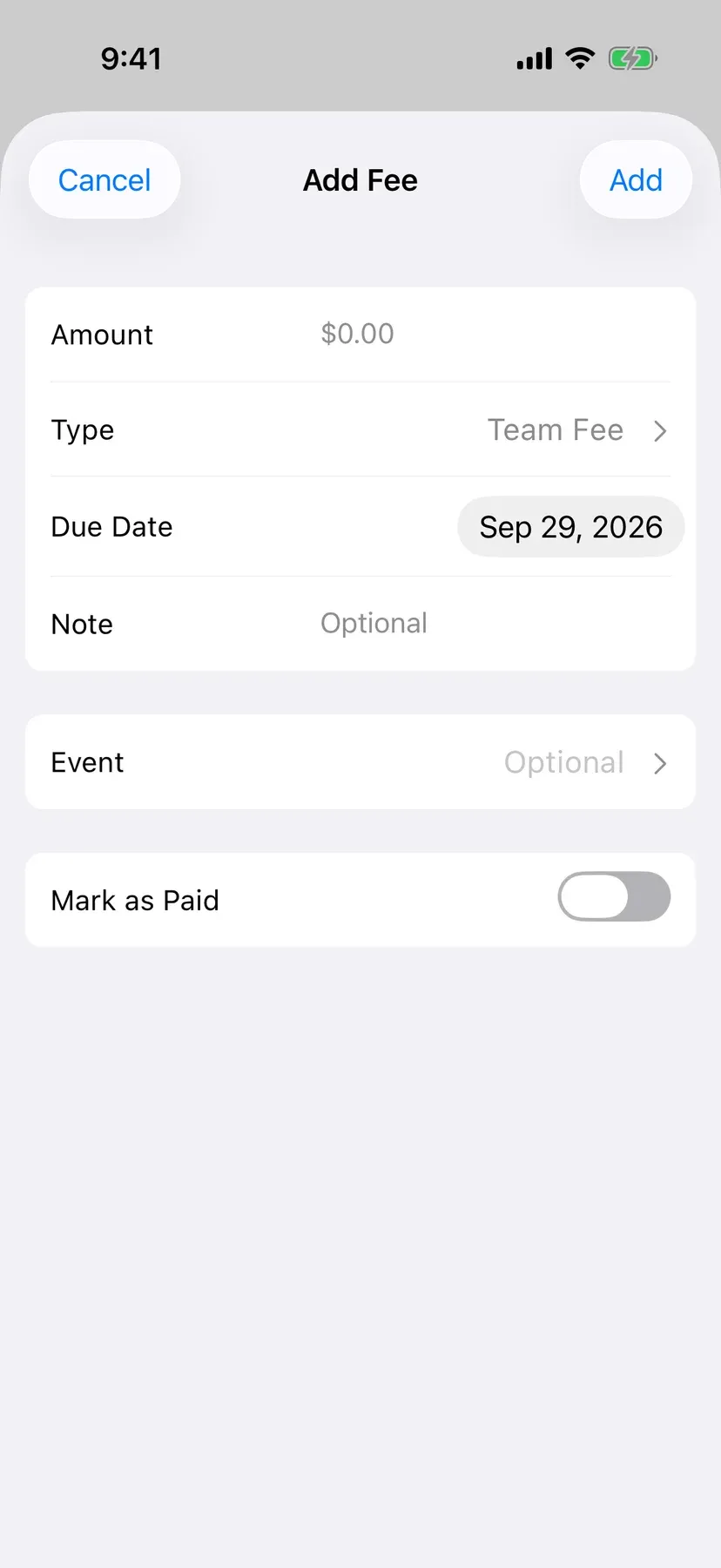 BenchApp on a phone: the Add Fee form with amount, type, due date and note