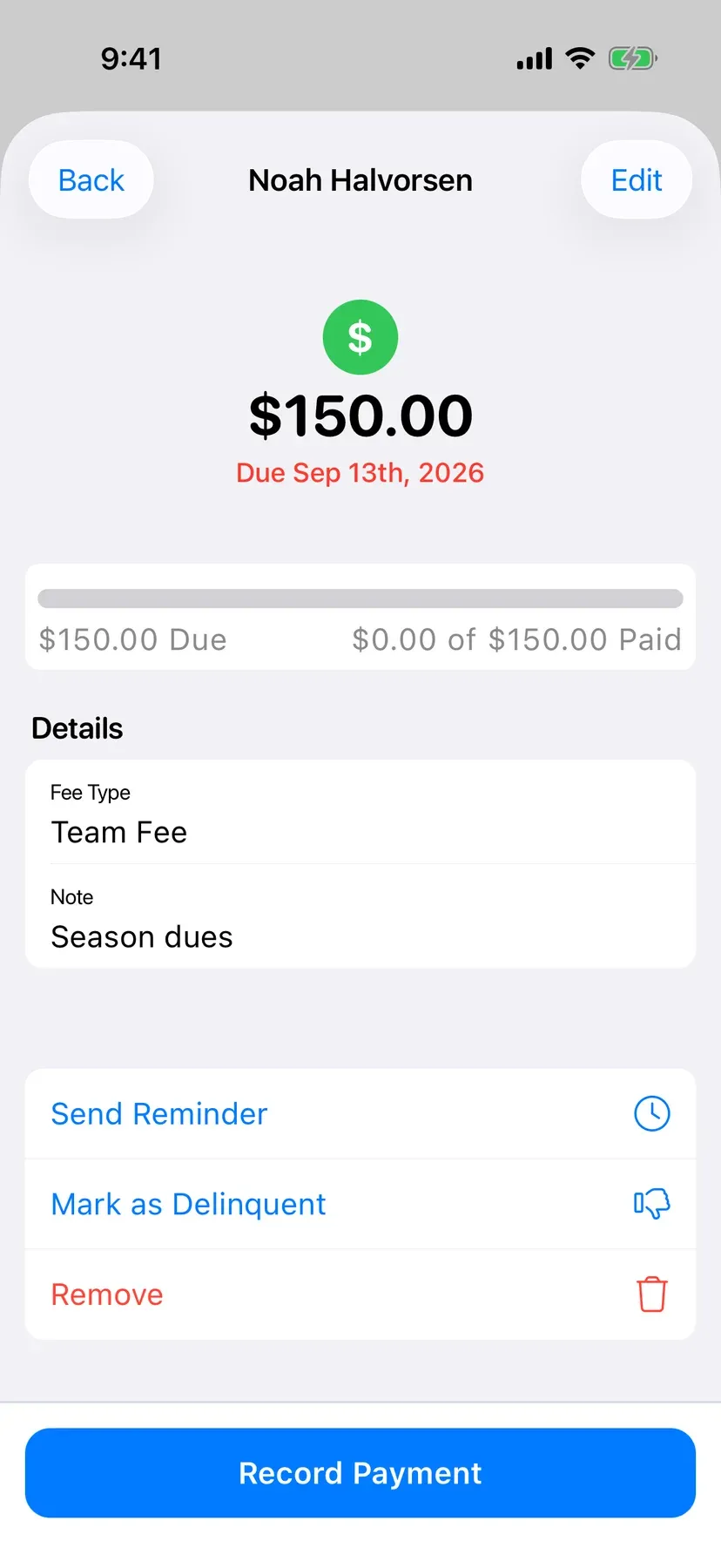 BenchApp on a phone: a player's overdue $150 fee with Send Reminder and Record Payment