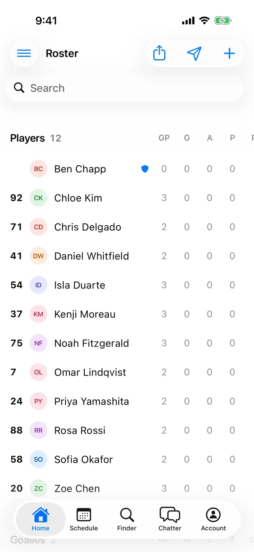 BenchApp roster screen listing the team's players